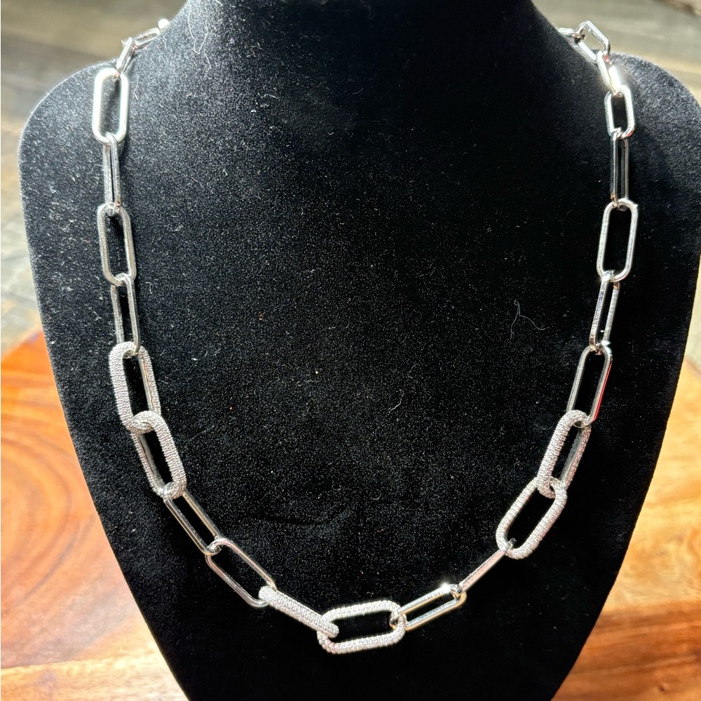 Modern Silver Rectangular Link Necklace 19” w/ extender. Crystal Paperclip.